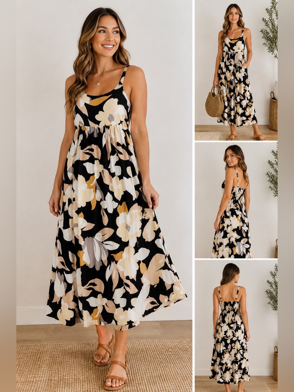 Millibon USA Floral Midi Maxi Dress Black Cream Boho Sundress Size Small